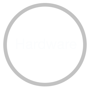 A circle with a gray stroke, green background with the word hardware inside