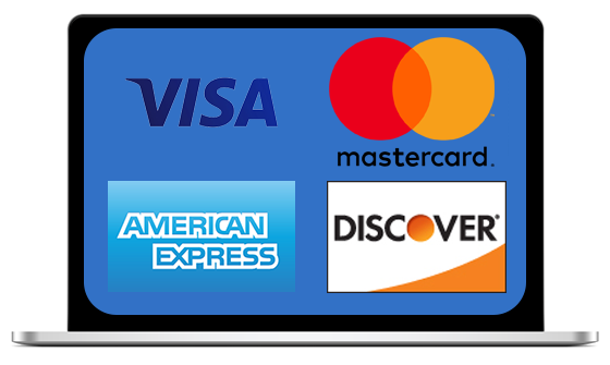 image of laptop computer with Visa, Mastercard, American Express, and Discover logos displayed